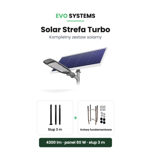 Zestaw solarny Solar Strefa Turbo - oprawa LED, panel 60 W, słup 3 m i kotwa fundamentowa