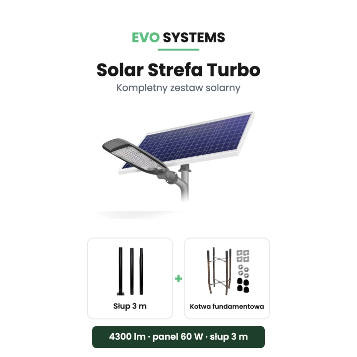 Zestaw solarny Solar Strefa Turbo - oprawa LED, panel 60 W, słup 3 m i kotwa fundamentowa