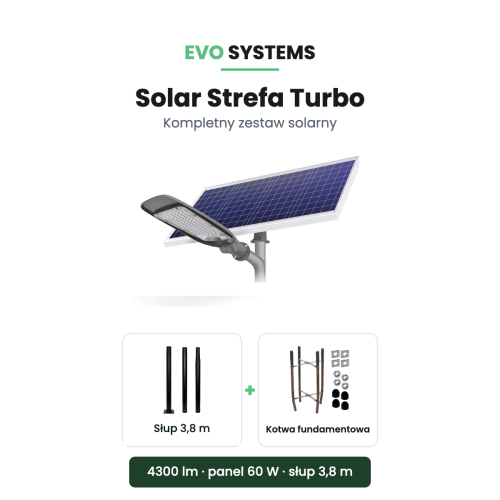 Zestaw solarny Solar Strefa Turbo - oprawa LED, panel 60 W, słup 3,8 m i kotwa fundamentowa
