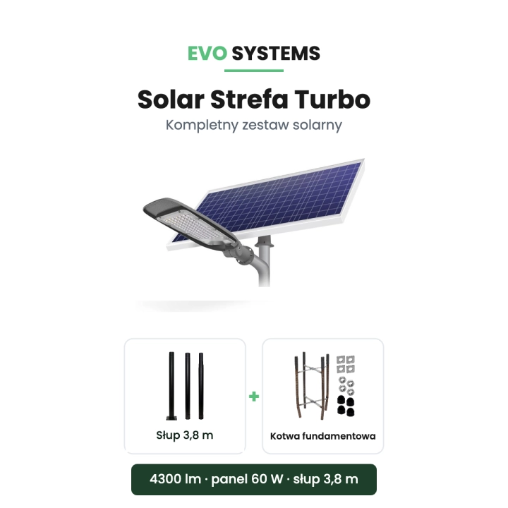 Zestaw solarny Solar Strefa Turbo - oprawa LED, panel 60 W, słup 3,8 m i kotwa fundamentowa