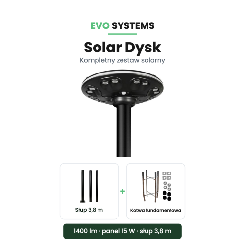 Zestaw solarny Solar Dysk - oprawa LED, panel 15 W, słup 3,8 m i kotwa fundamentowa