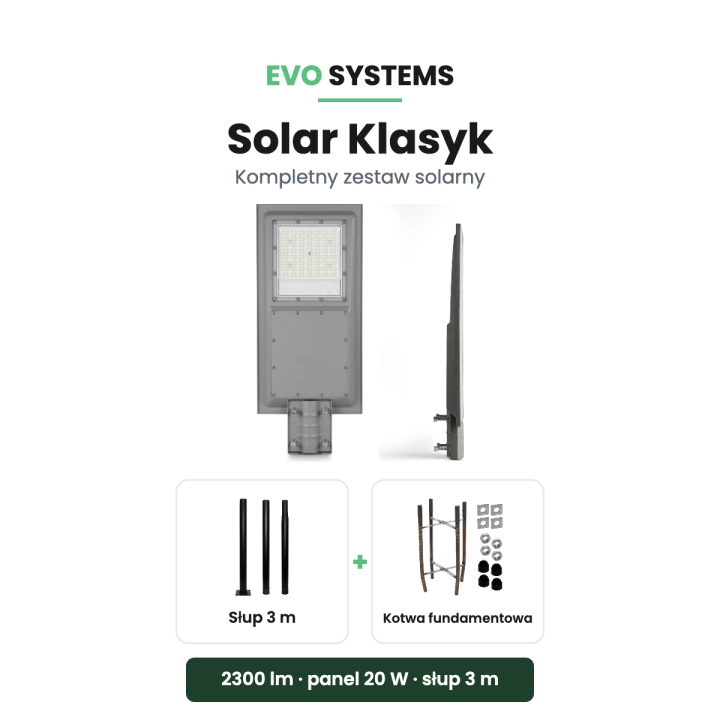 Zestaw solarny Solar Klasyk - oprawa LED, panel 20 W, słup 3 m i kotwa fundamentowa